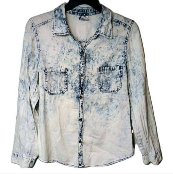 Vtg Wmns Prototype Acid Wash Blue Chambray Button Down W/Lace Back Panel M Y2K - Picture 2 of 7